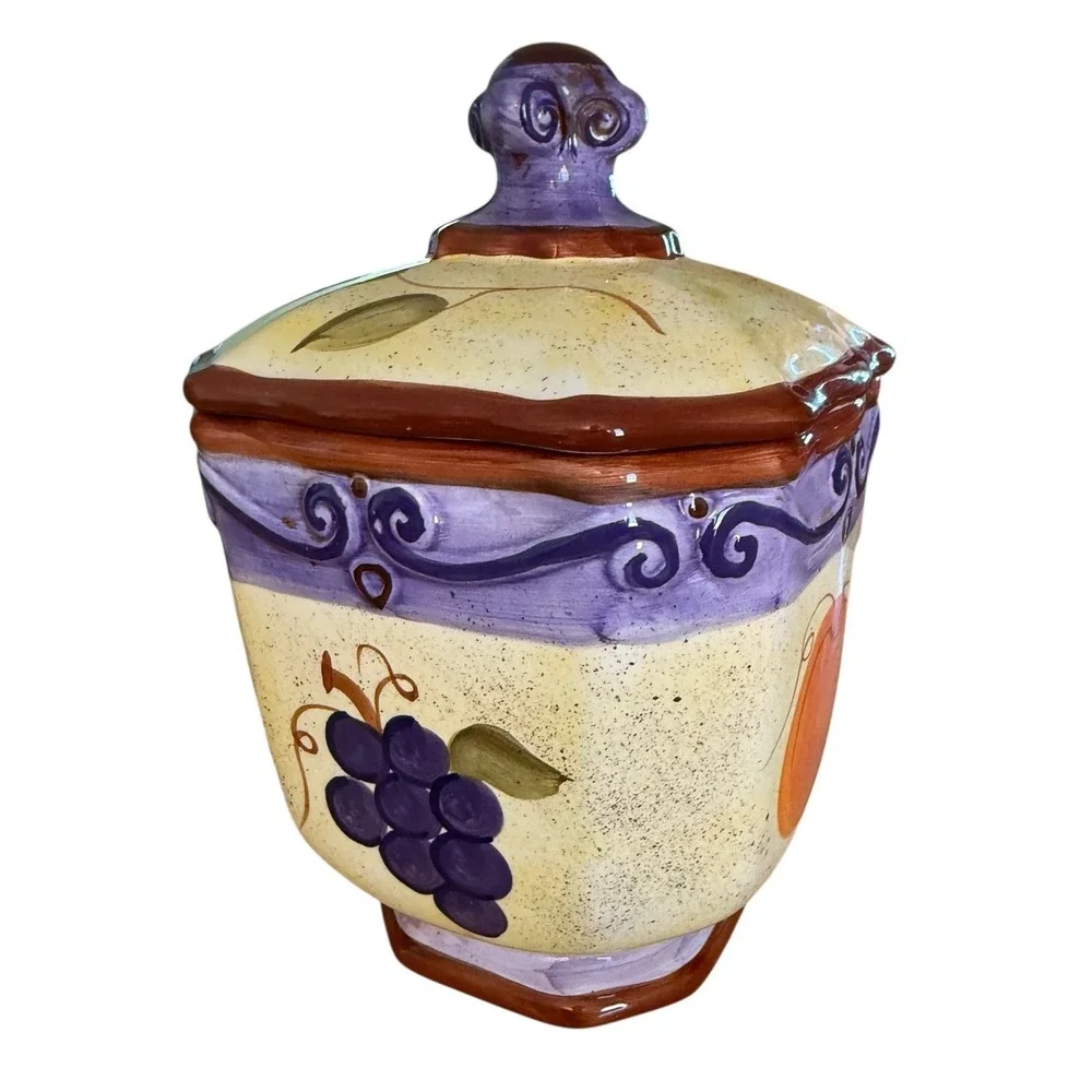 Set of 4 Medici‎ Hand-painted Ceramic Canisters w/ Lids Fruit & Scroll Pattern
